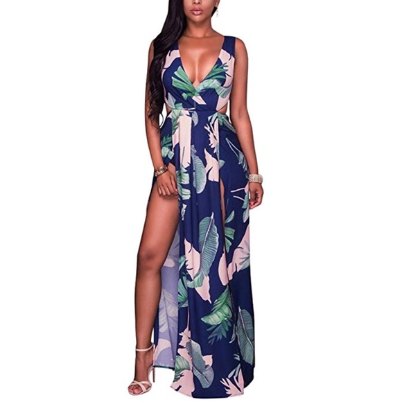 Bohemian Floral Print Front Slits Maxi Dress - Picture 7 of 8